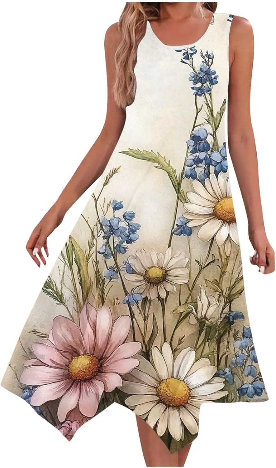 2025 Boho Sundress for Women 2025 Loose Beach Vacation Midi Dress Sleeveless Cute Flowy Tank Sundresses with Pockets
