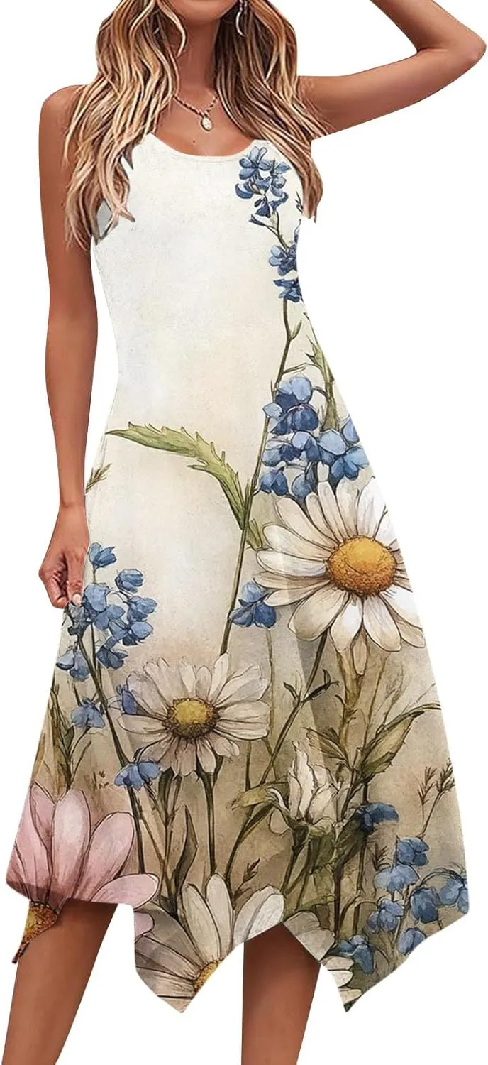 2025 Boho Sundress for Women 2025 Loose Beach Vacation Midi Dress Sleeveless Cute Flowy Tank Sundresses with Pockets