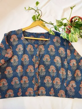 Aegan Blue Blockprinted Cotton Contemporary Blouse/Crop Top