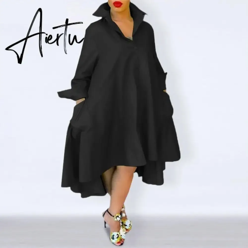 Aiertu Loose Dress Elegant Women Bohemian Sundress Lapel Neck Dress  Vestidos Elegant Sundress Robe Femme