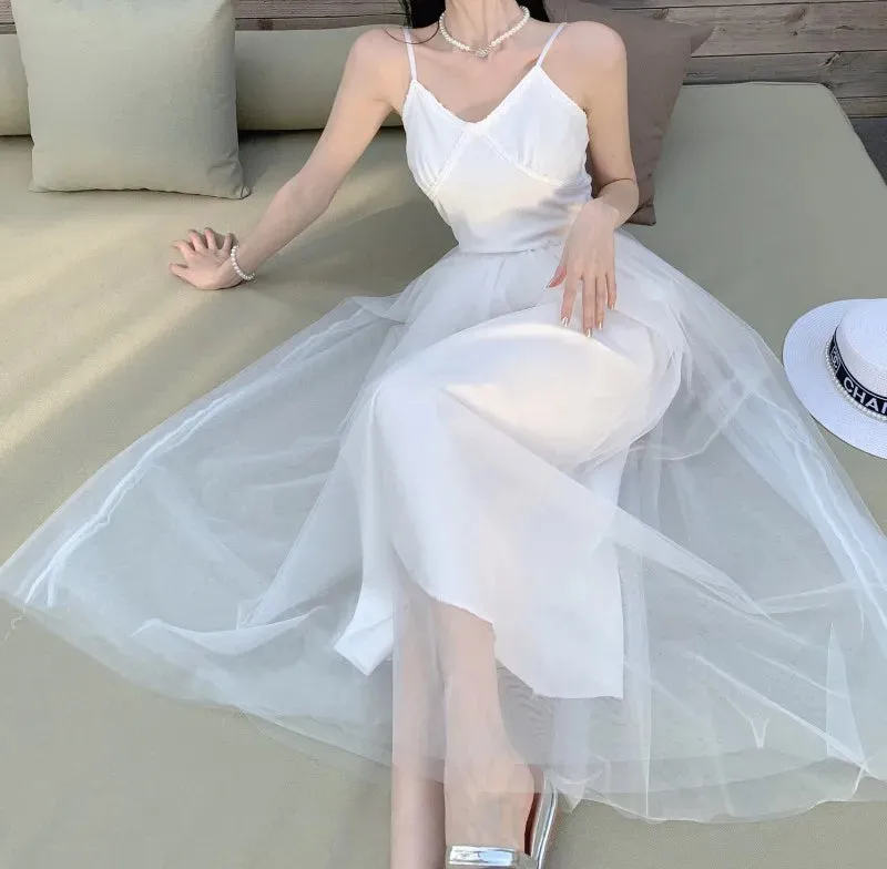 Aiertu Sleeveless Dress Women Mesh Long A-line Black Retro Elegant V Neck Fairy Sexy Pleated Sundress Summer Evening Party Ball Gown