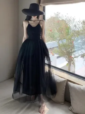 Aiertu Sleeveless Dress Women Mesh Long A-line Black Retro Elegant V Neck Fairy Sexy Pleated Sundress Summer Evening Party Ball Gown