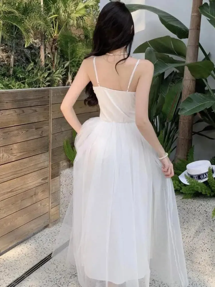 Aiertu Sleeveless Dress Women Mesh Long A-line Black Retro Elegant V Neck Fairy Sexy Pleated Sundress Summer Evening Party Ball Gown