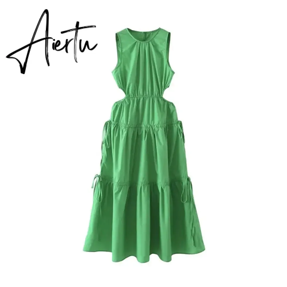 Aiertu Waist Hollow Out Sexy Summer Elegant Ladies Maxi Long Green Dress Solid O Neck Casual Sleeveless A-line Dress Sundress