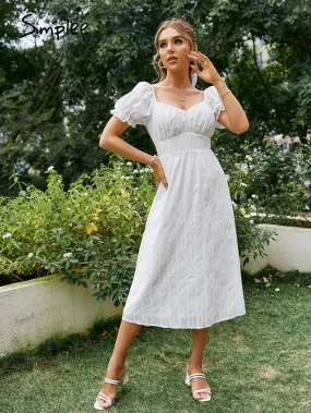 Amozae-Graduation Gift Big Sale Elegant white puff short sleev dress women Holiday square collar zipper beach sundress midi A-line casual ruffle vestido