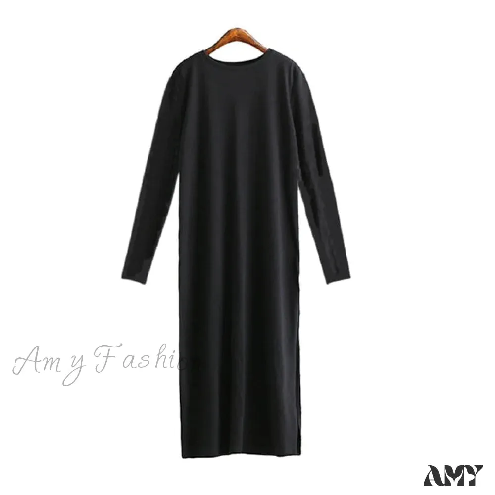 Amy Fashion - Vintage Casual Slit Knitted Cotton White Black Sundress