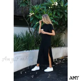 Amy Fashion - Vintage Casual Slit Knitted Cotton White Black Sundress