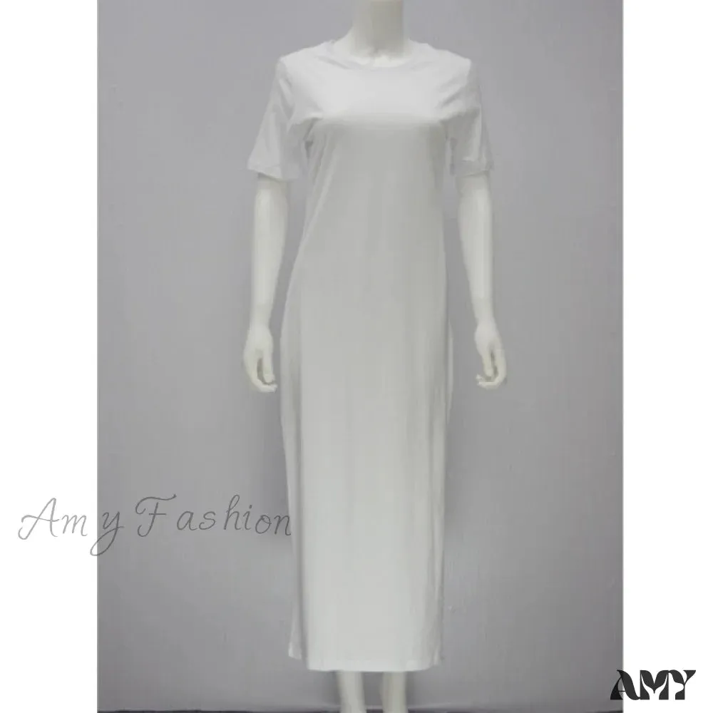 Amy Fashion - Vintage Casual Slit Knitted Cotton White Black Sundress