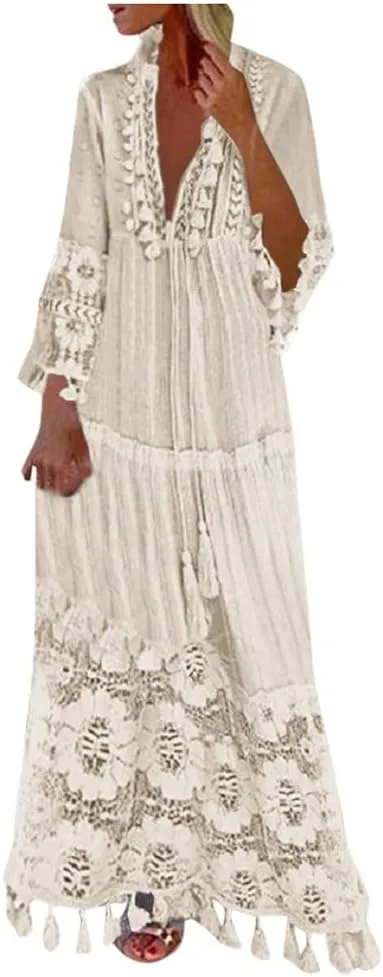 Beach Vacation Clothes for Women Floral Boho Elegant V-Neck Beach Sundress Summer Comfy Lace Tassel Long Dress