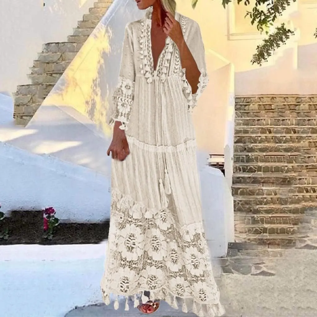 Beach Vacation Clothes for Women Floral Boho Elegant V-Neck Beach Sundress Summer Comfy Lace Tassel Long Dress