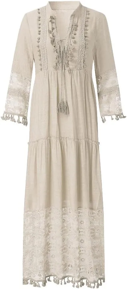Beach Vacation Clothes for Women Floral Boho Elegant V-Neck Beach Sundress Summer Comfy Lace Tassel Long Dress