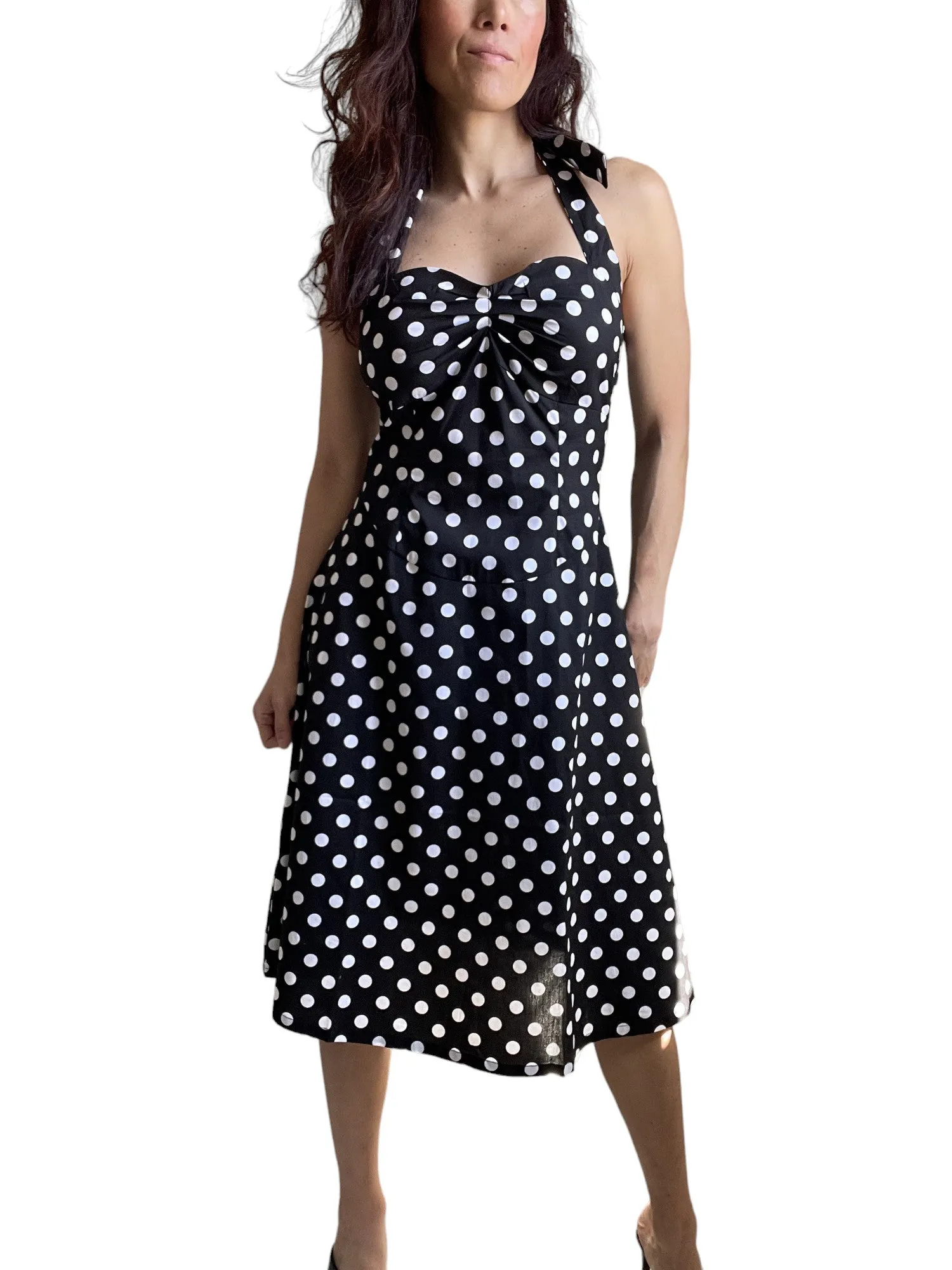 Black Polka Dot Cotton A-Line Halter Midi Summer Beach Dress - Casual Fit and Flare Sundress