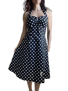 Black Polka Dot Cotton A-Line Halter Midi Summer Beach Dress - Casual Fit and Flare Sundress