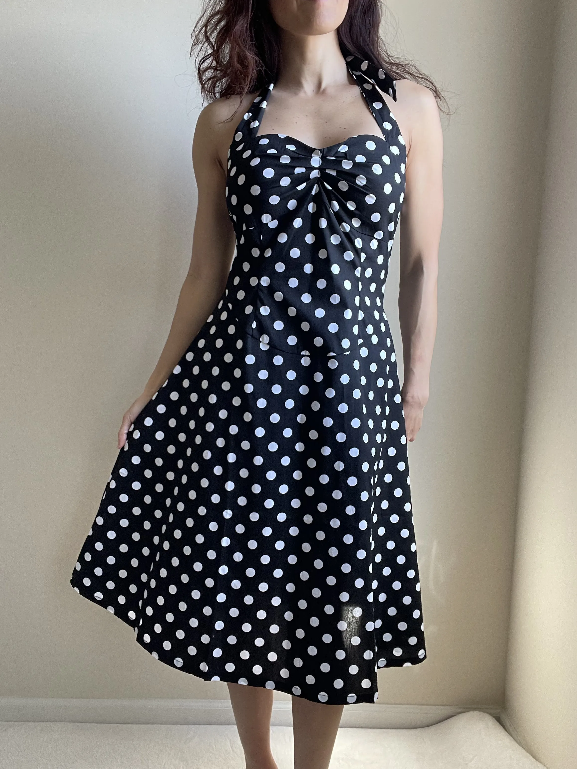 Black Polka Dot Cotton A-Line Halter Midi Summer Beach Dress - Casual Fit and Flare Sundress