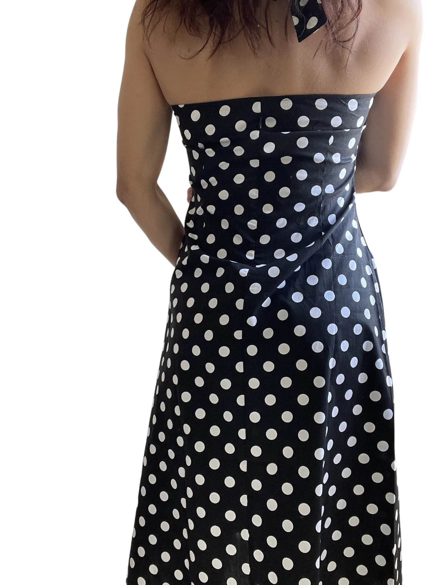 Black Polka Dot Cotton A-Line Halter Midi Summer Beach Dress - Casual Fit and Flare Sundress