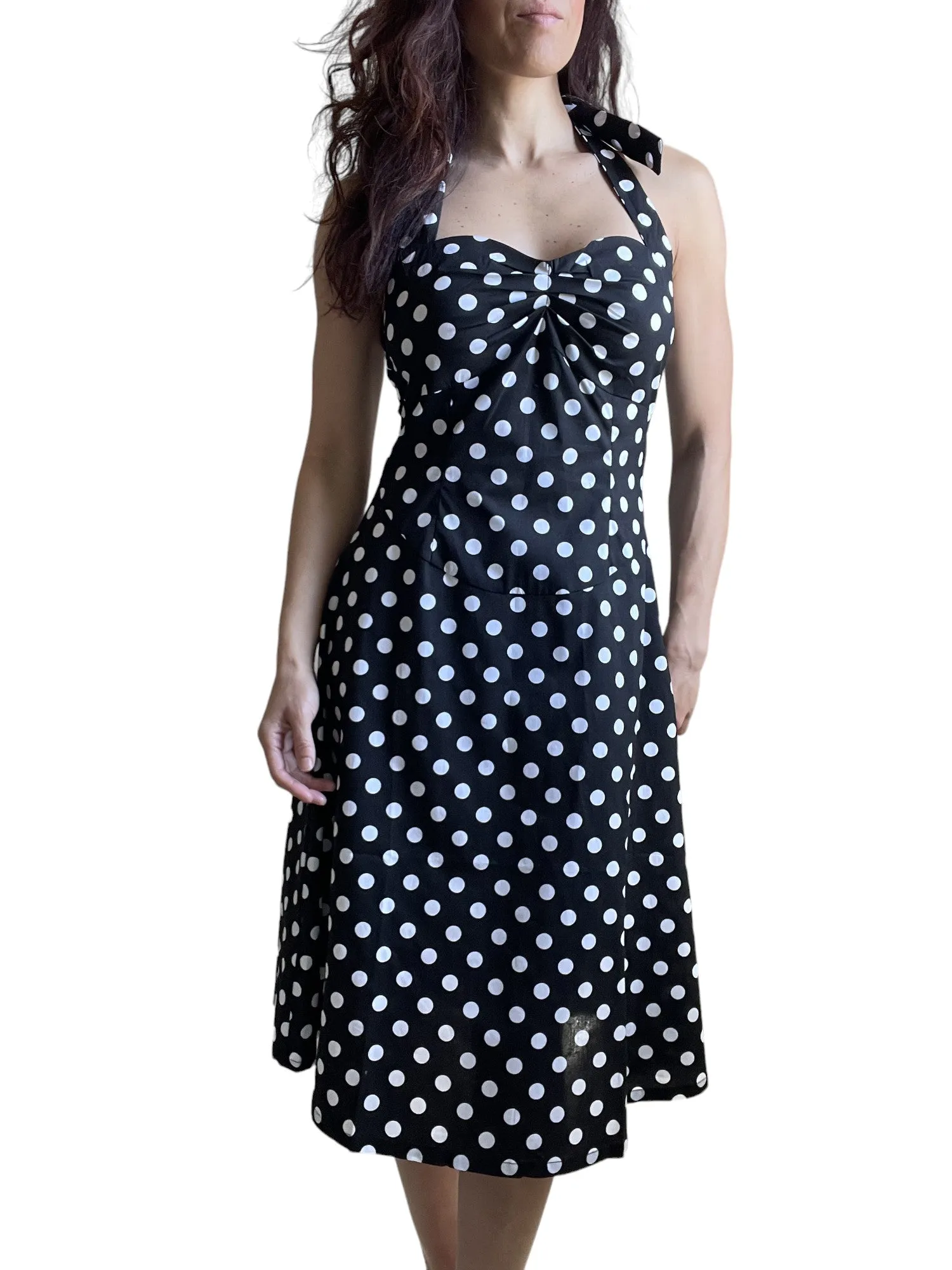 Black Polka Dot Cotton A-Line Halter Midi Summer Beach Dress - Casual Fit and Flare Sundress