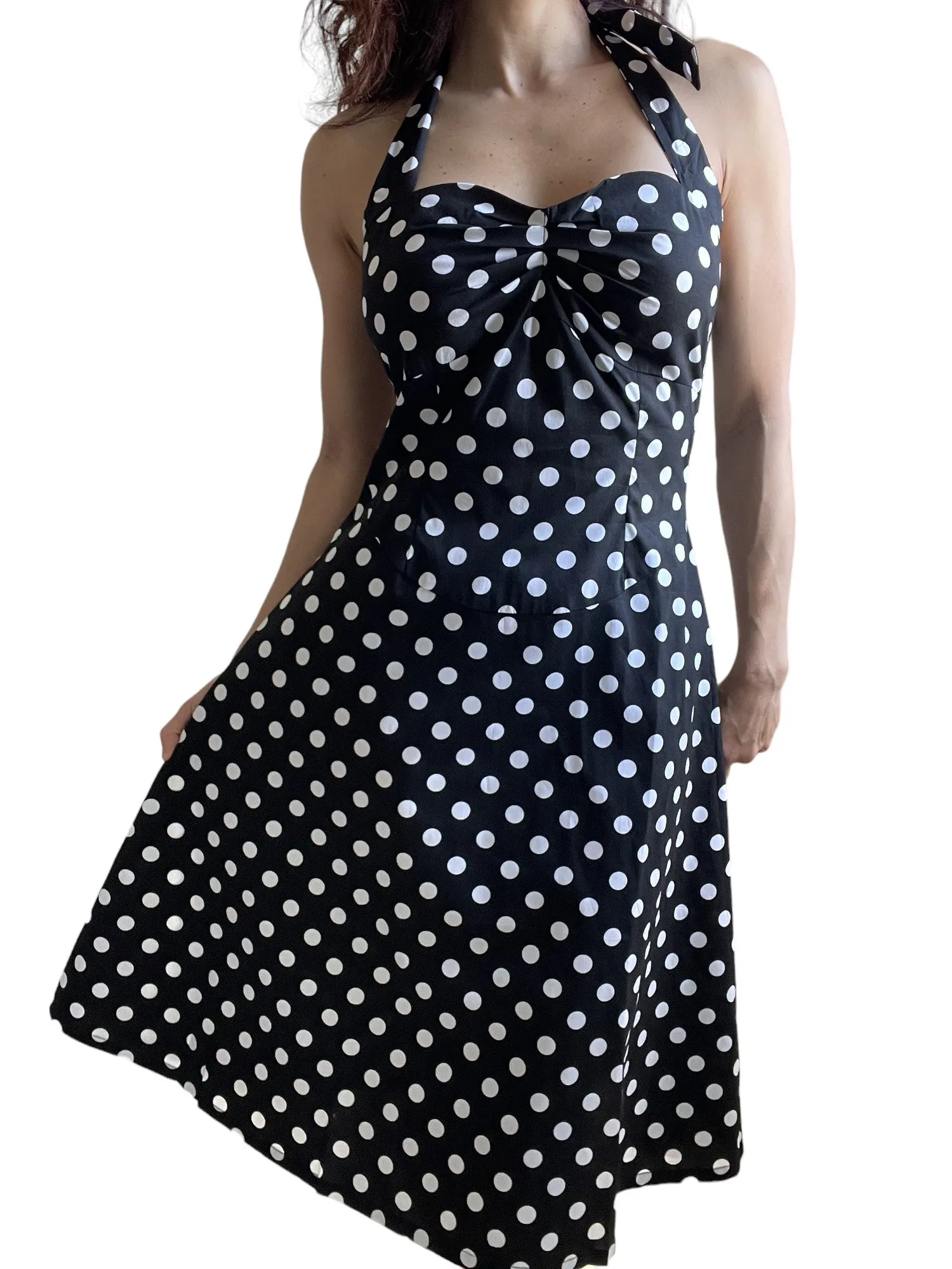 Black Polka Dot Cotton A-Line Halter Midi Summer Beach Dress - Casual Fit and Flare Sundress