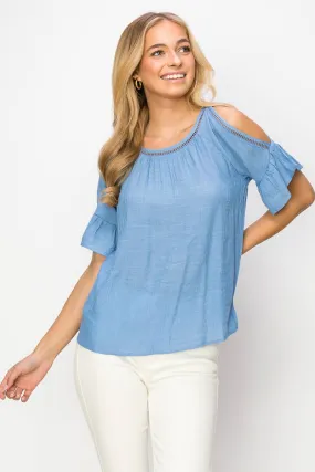 Blue Lattice Cold Shoulder Ruffle Short Sleeve Woven Blouse