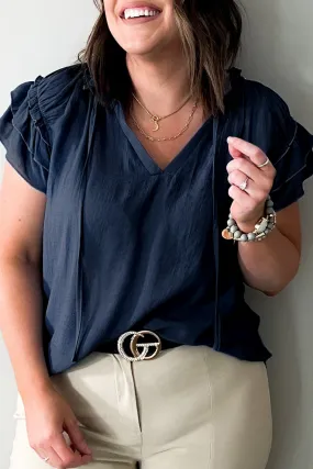 Blue Tiered Ruffled Sleeve Drawstring V Neck Plus Size Blouse