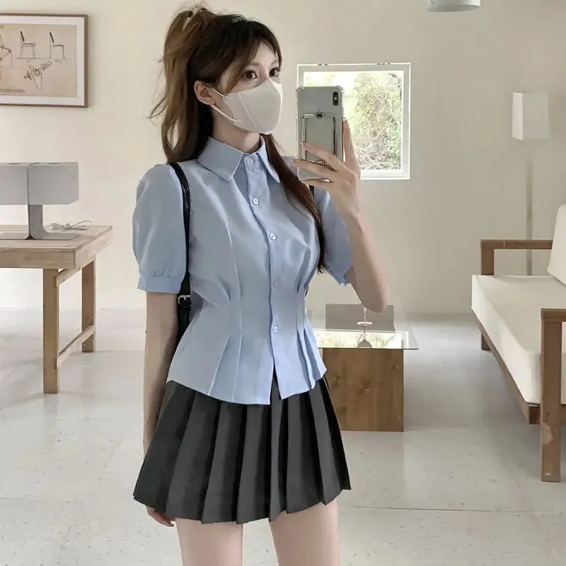 Camisas De Mujer Women Shirt Puff Sleeve Slim Waist Blouses Fashion Summer White Crop Tops Korean Vintage Sweet Blouse