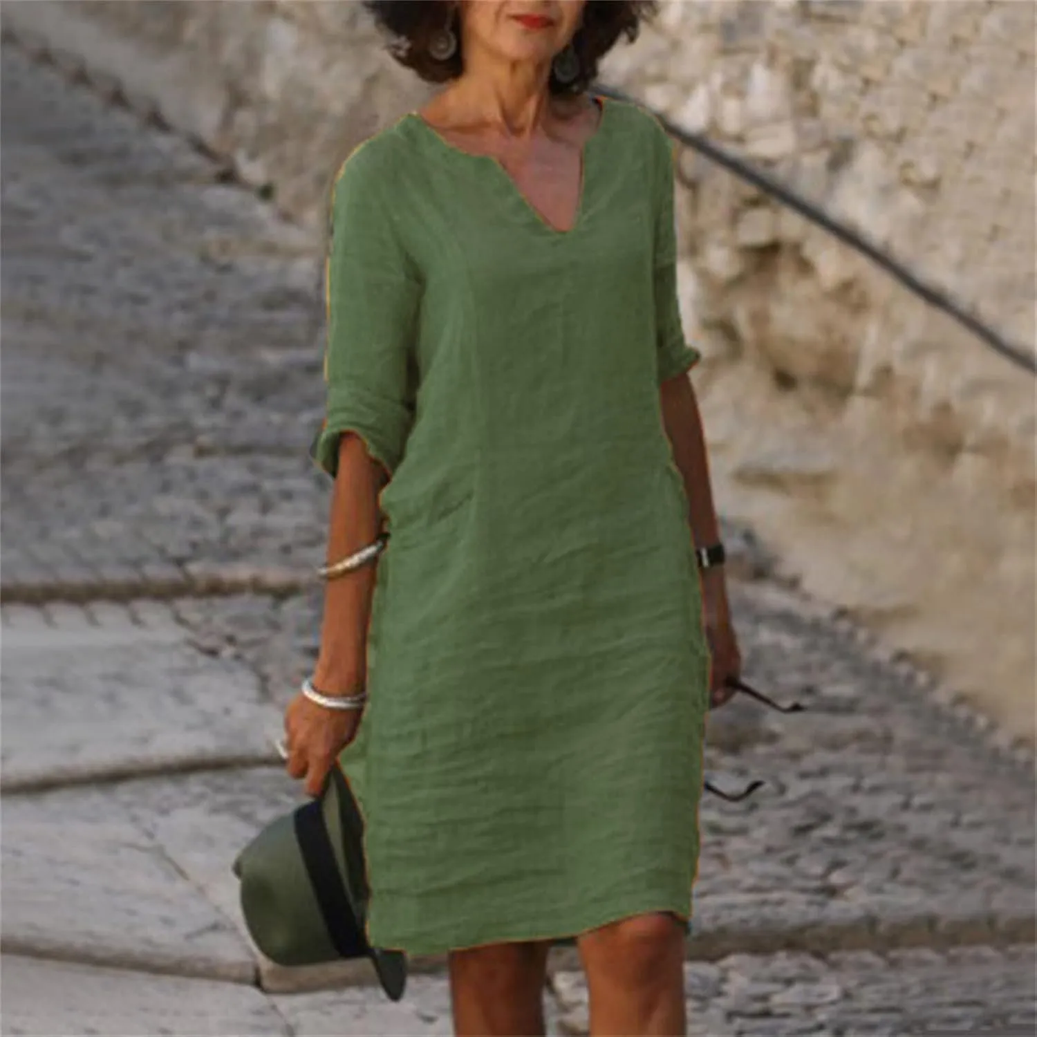 Casual Dresses for Women Cotton Linen V-Neck Half Sleeve Short Summer Dresses Elegant Solid Vintage Womens Dresses