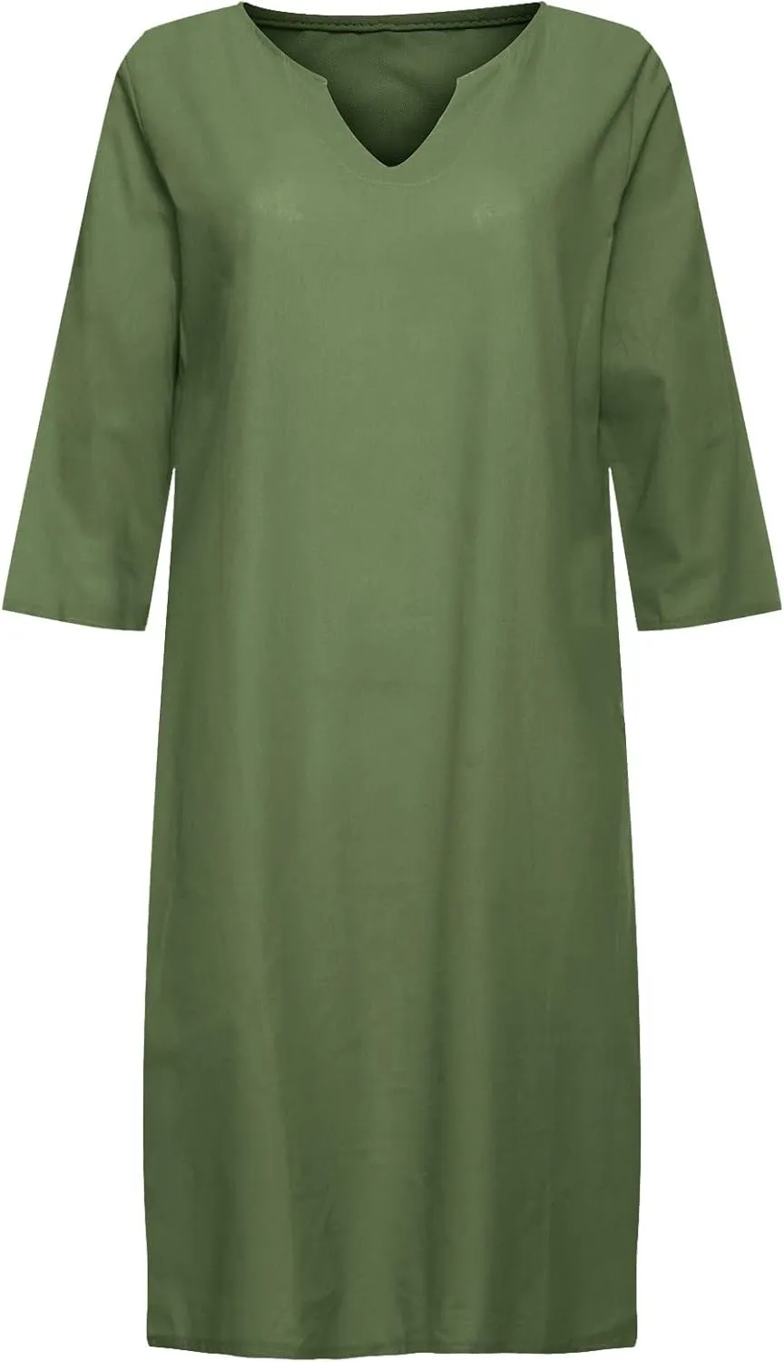 Casual Dresses for Women Cotton Linen V-Neck Half Sleeve Short Summer Dresses Elegant Solid Vintage Womens Dresses