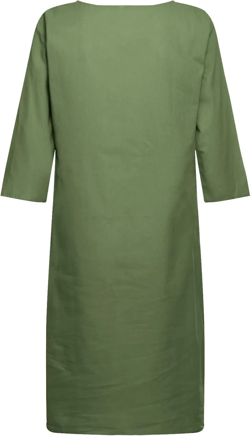 Casual Dresses for Women Cotton Linen V-Neck Half Sleeve Short Summer Dresses Elegant Solid Vintage Womens Dresses