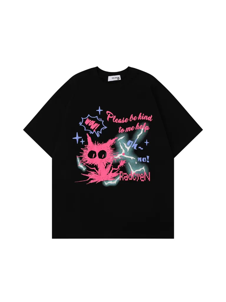 Cat T-Shirt Print Contrast Color Cartoon