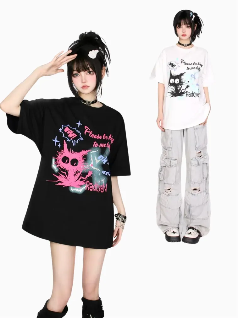Cat T-Shirt Print Contrast Color Cartoon