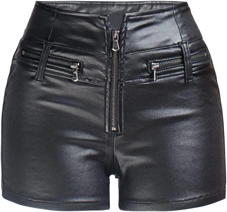 COMLIFE Women's Sexy Shorts Stretchy High Waisted Zipper Faux Leather PU Shorts