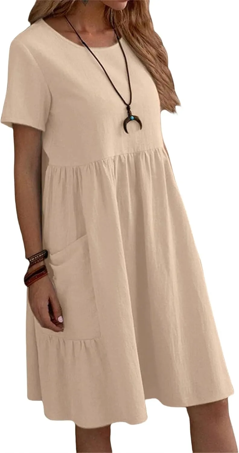 Cotton Linen Dresses Women Loose Fitting Dress Womens Dresses Tshirt Dress with Pockets Plus Size Sundresses