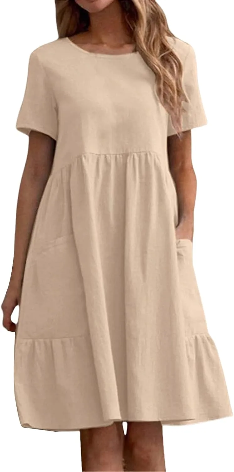 Cotton Linen Dresses Women Loose Fitting Dress Womens Dresses Tshirt Dress with Pockets Plus Size Sundresses