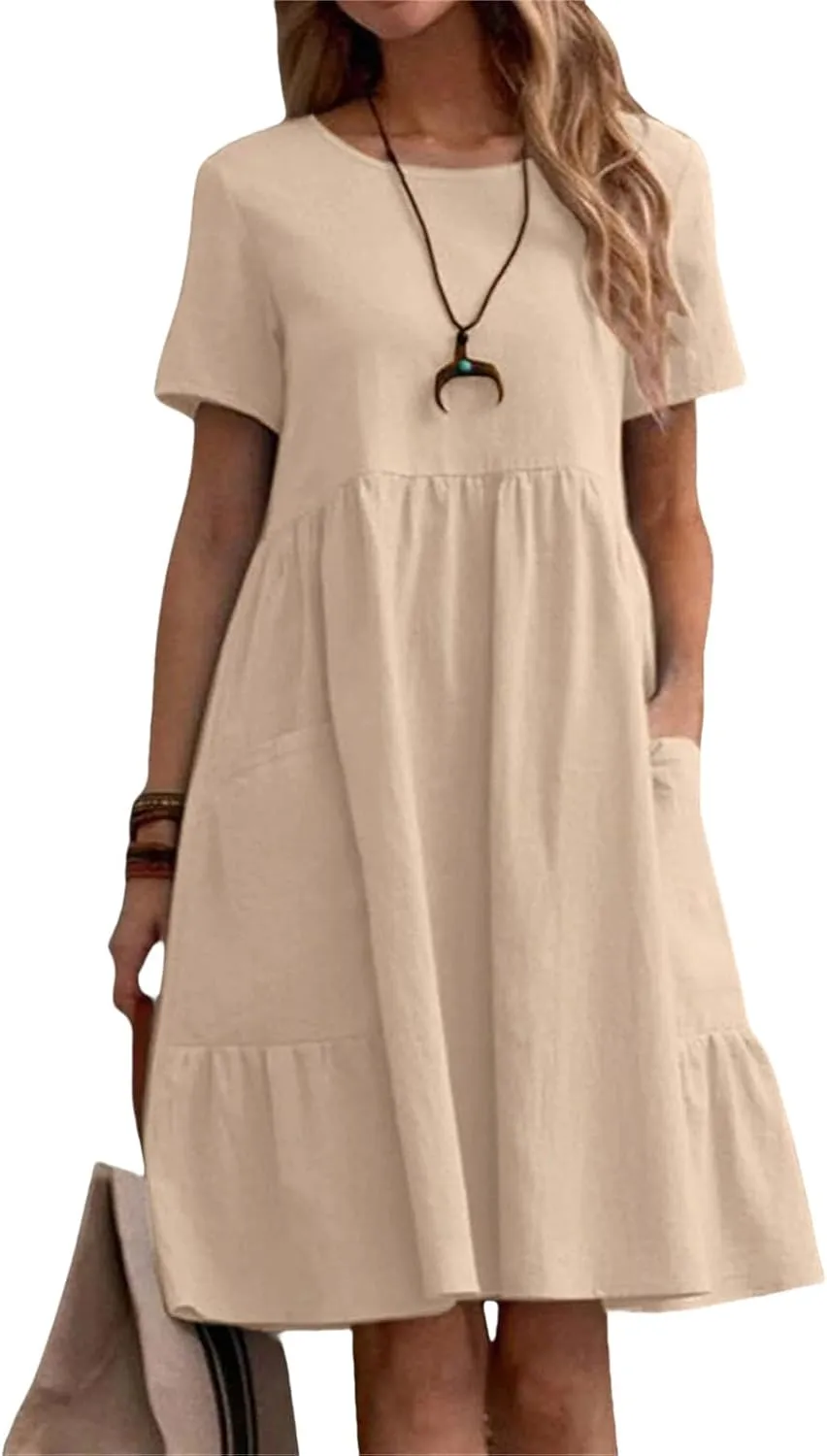 Cotton Linen Dresses Women Loose Fitting Dress Womens Dresses Tshirt Dress with Pockets Plus Size Sundresses