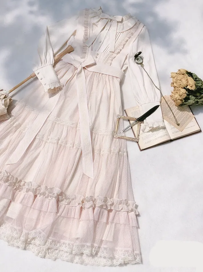Dotted Waist Top Lolita Frilled Ribbon Light Sundress Shirt Elegant   Lace Ribbon Sweet