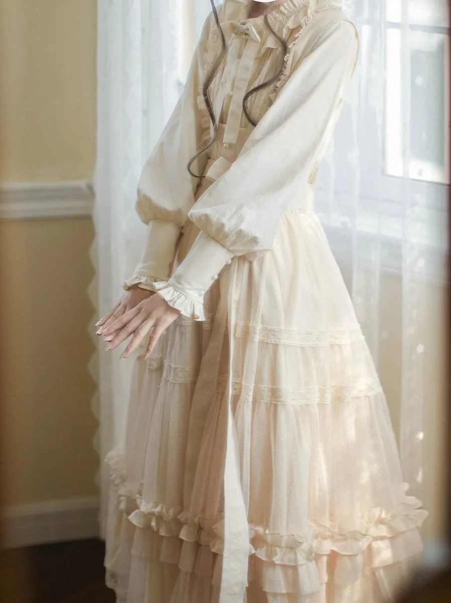 Dotted Waist Top Lolita Frilled Ribbon Light Sundress Shirt Elegant   Lace Ribbon Sweet