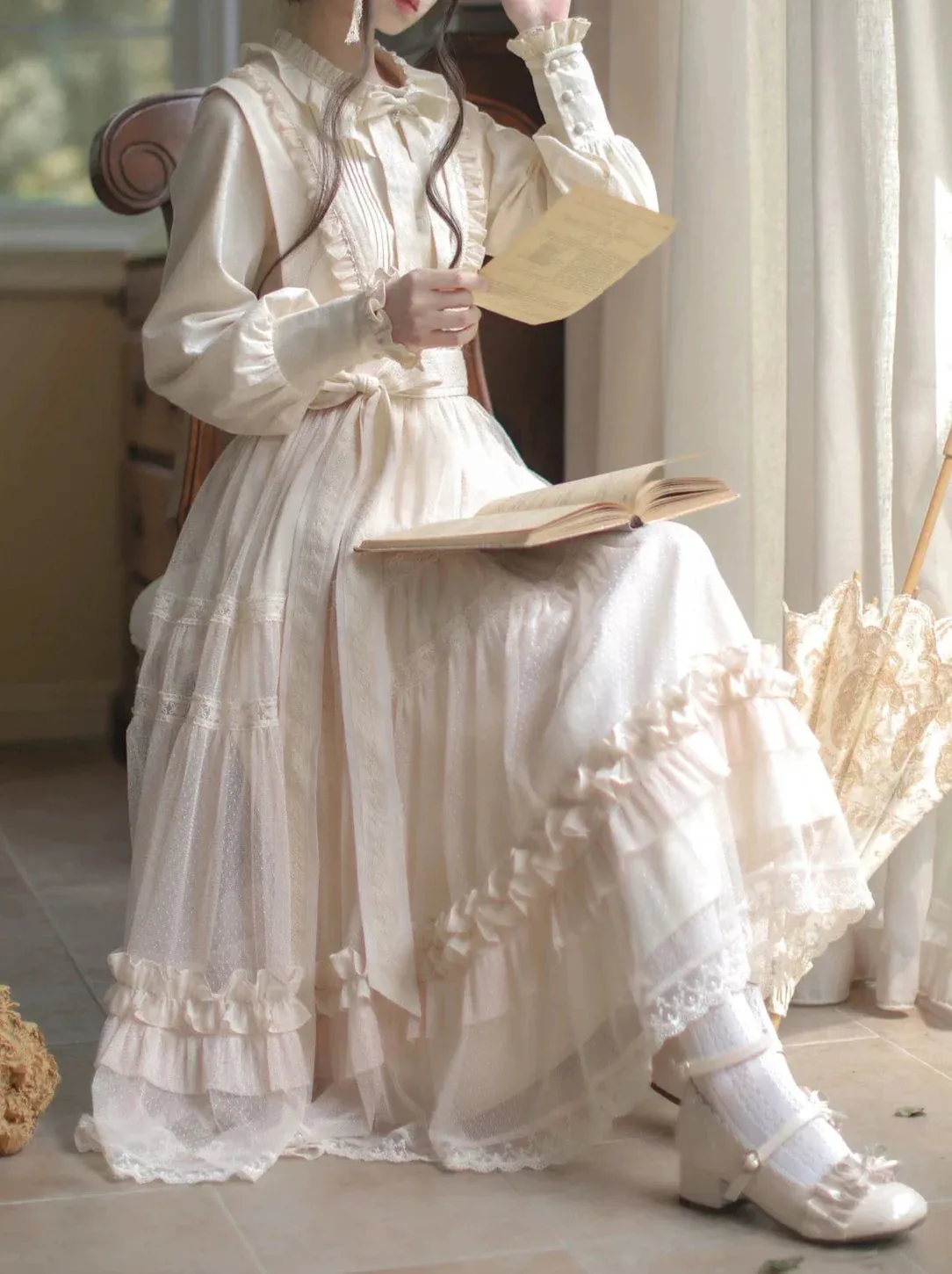 Dotted Waist Top Lolita Frilled Ribbon Light Sundress Shirt Elegant   Lace Ribbon Sweet