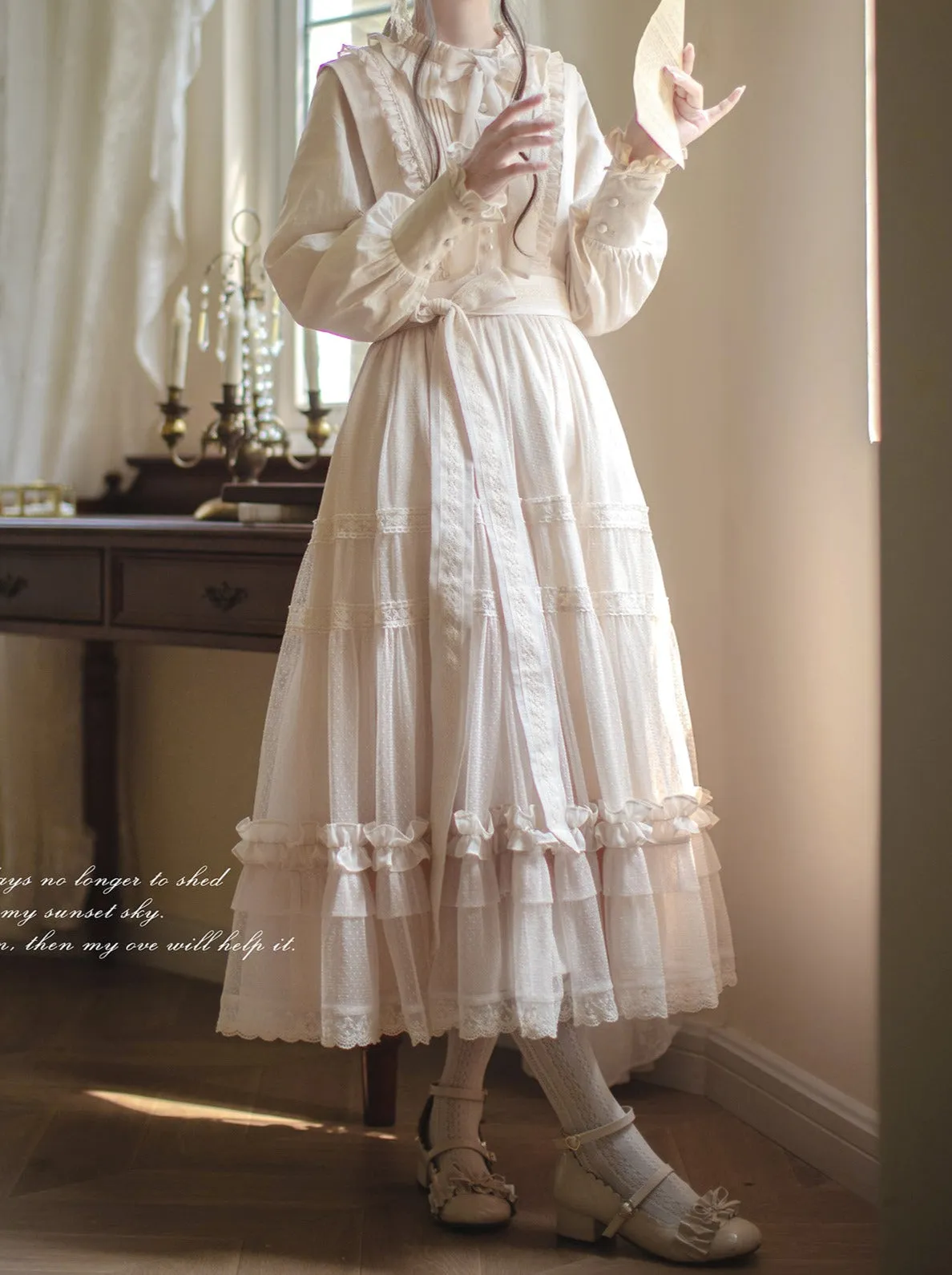 Dotted Waist Top Lolita Frilled Ribbon Light Sundress Shirt Elegant   Lace Ribbon Sweet