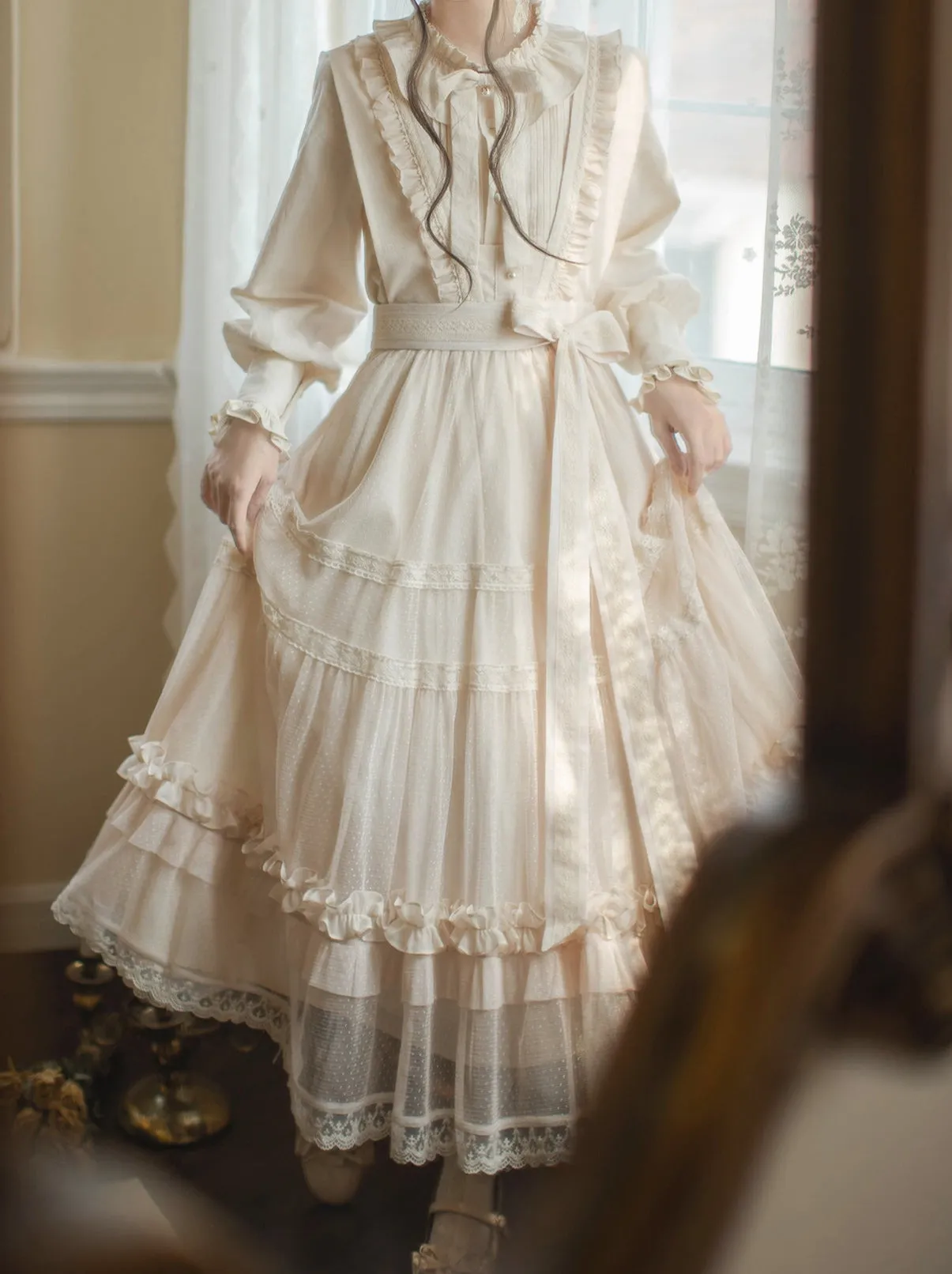 Dotted Waist Top Lolita Frilled Ribbon Light Sundress Shirt Elegant   Lace Ribbon Sweet