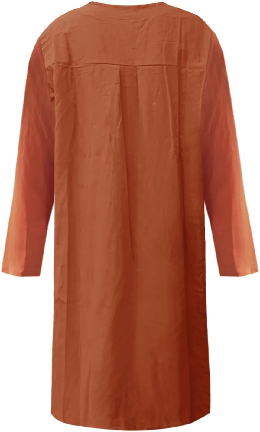 Dresses for Women 2024 Casual Cotton Linen Midi Dress with Pockets Button Down Crew Neck Long Sleeve Summer Dress