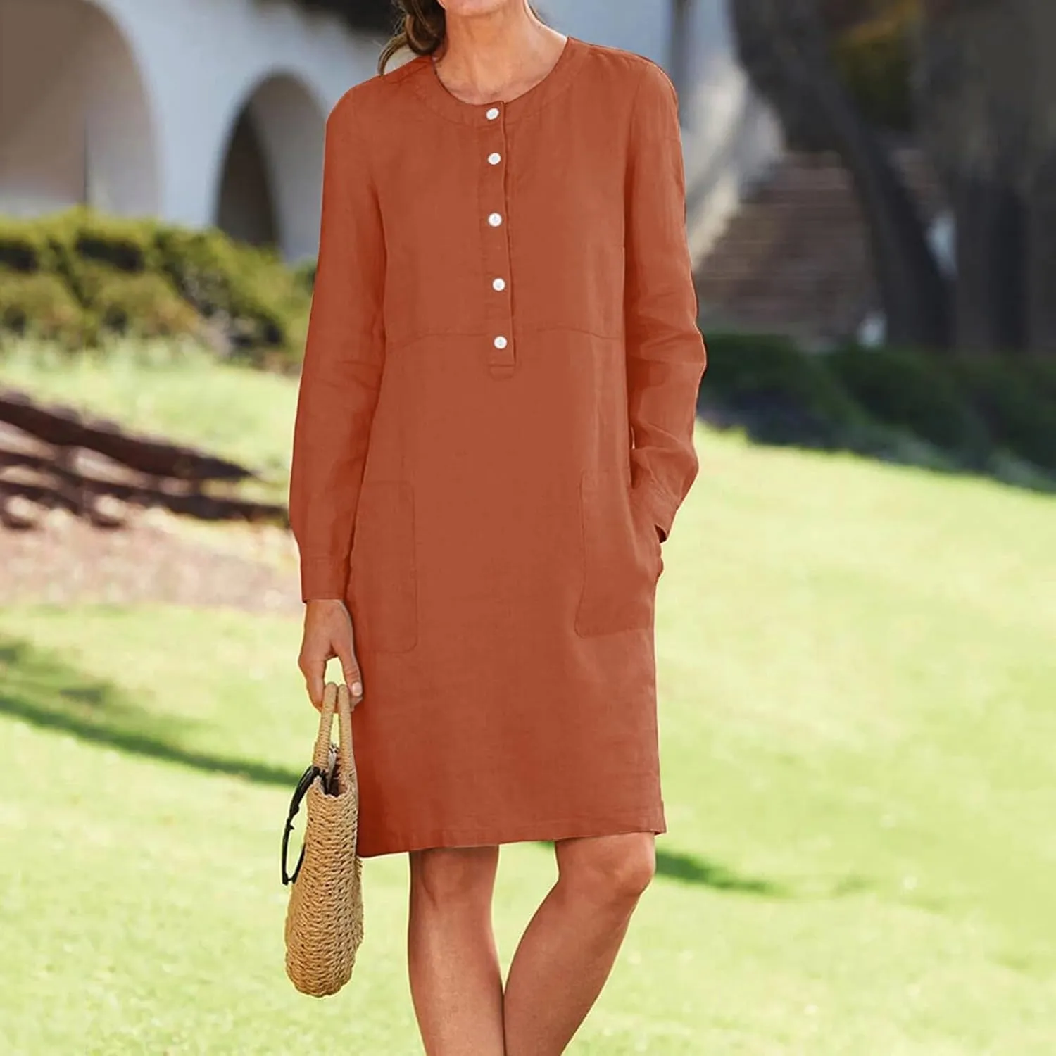 Dresses for Women 2024 Casual Cotton Linen Midi Dress with Pockets Button Down Crew Neck Long Sleeve Summer Dress