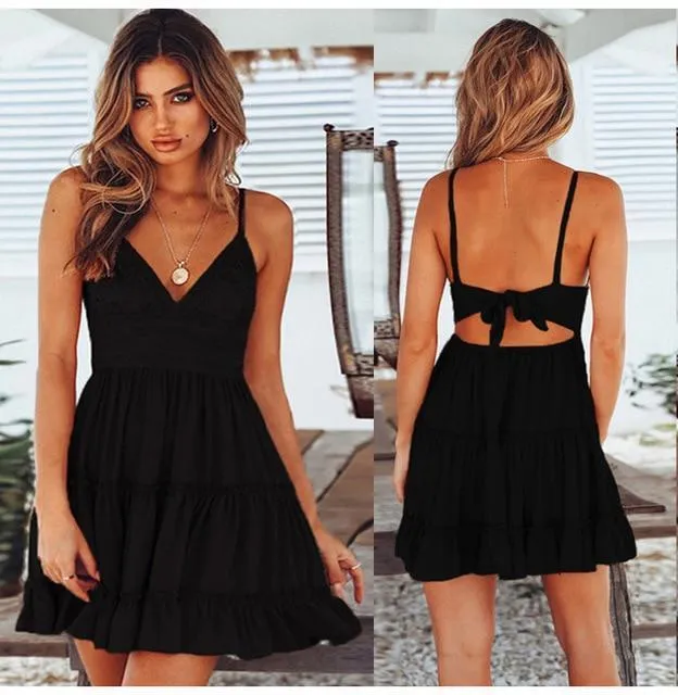 Dunnmall Women Lace Sexy Backless V-neck Beach Dresses Sleeveless Mini Sundress
