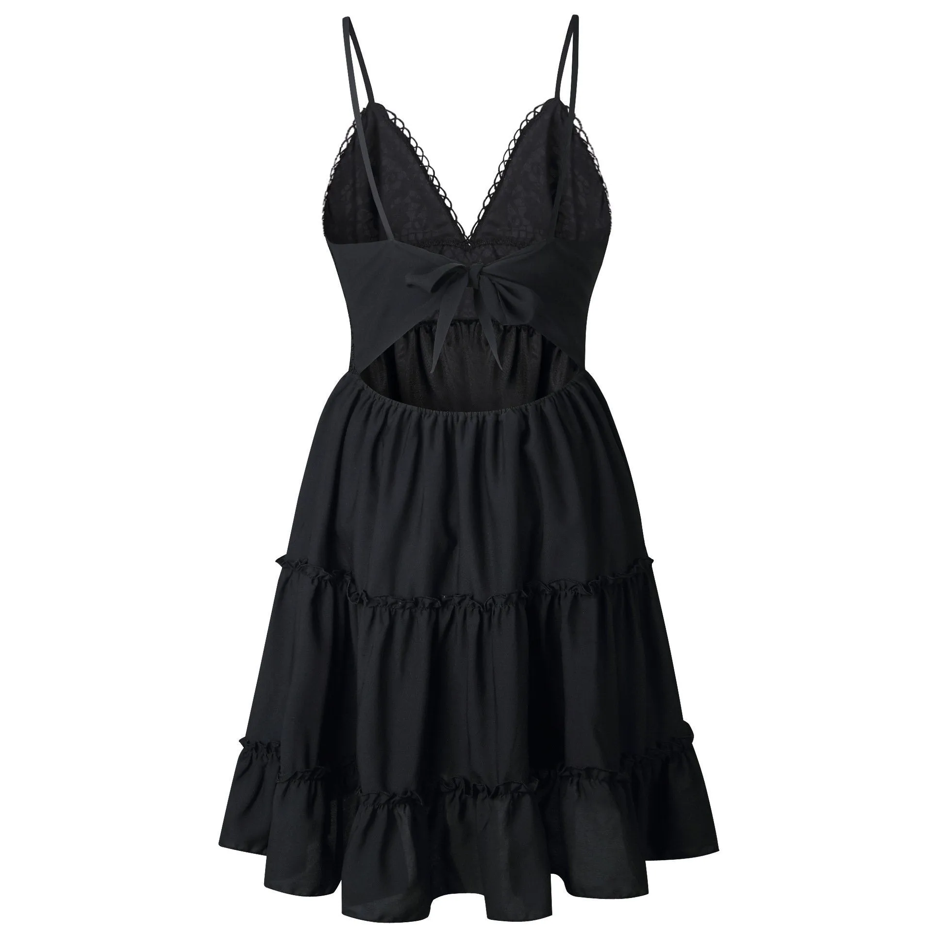 Dunnmall Women Lace Sexy Backless V-neck Beach Dresses Sleeveless Mini Sundress