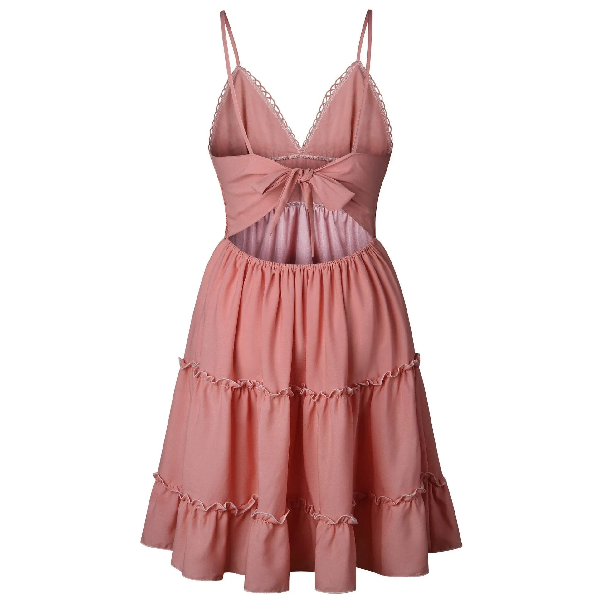 Dunnmall Women Lace Sexy Backless V-neck Beach Dresses Sleeveless Mini Sundress