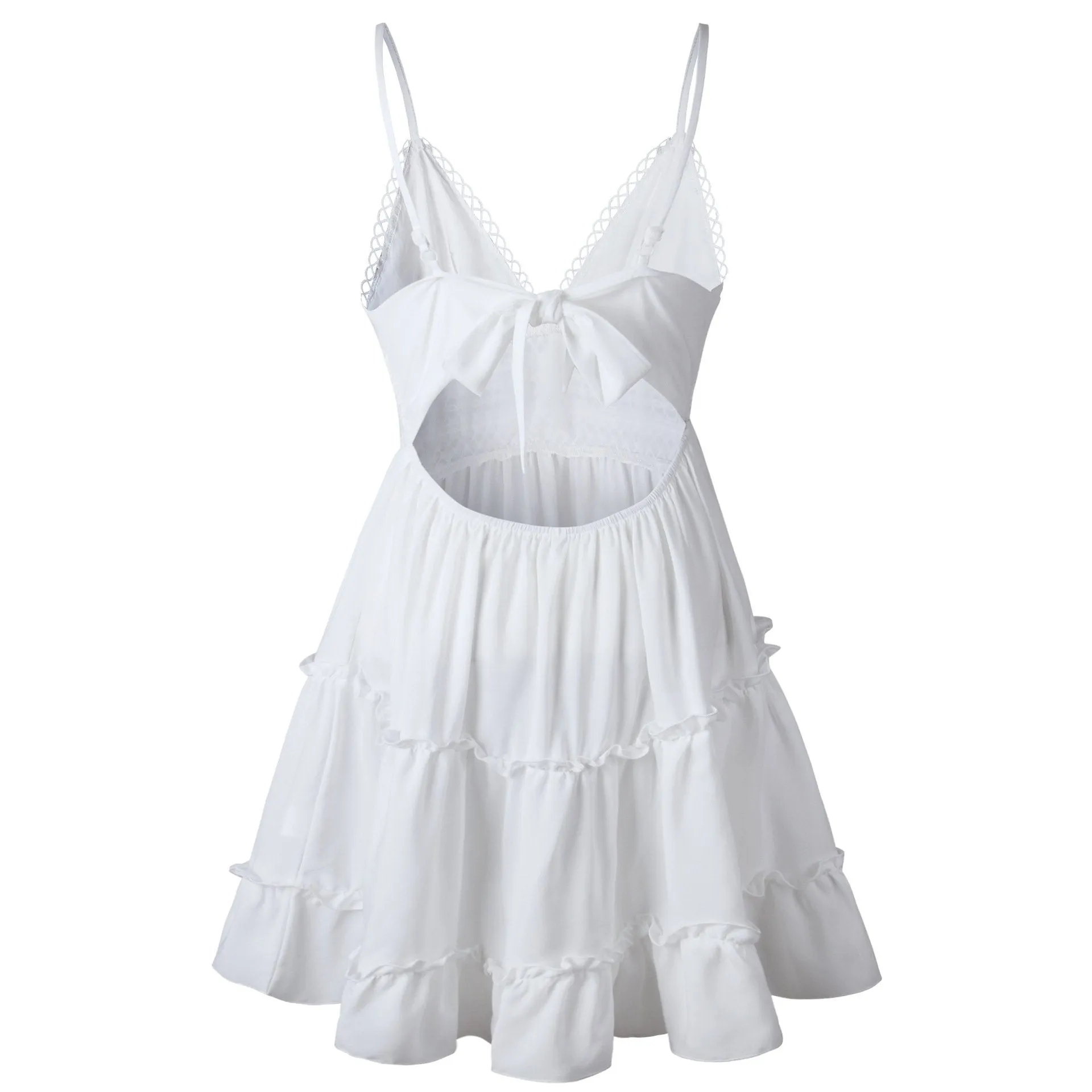 Dunnmall Women Lace Sexy Backless V-neck Beach Dresses Sleeveless Mini Sundress