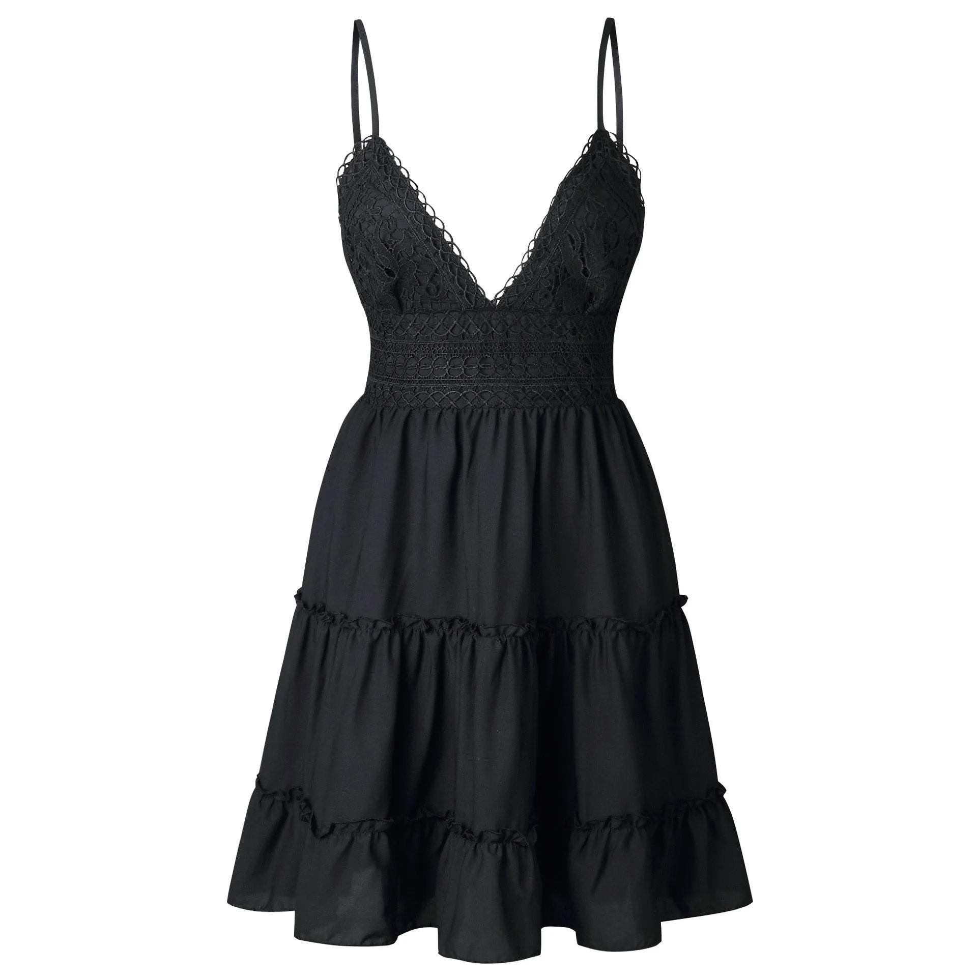 Dunnmall Women Lace Sexy Backless V-neck Beach Dresses Sleeveless Mini Sundress