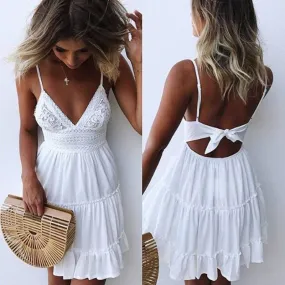 Dunnmall Women Lace Sexy Backless V-neck Beach Dresses Sleeveless Mini Sundress