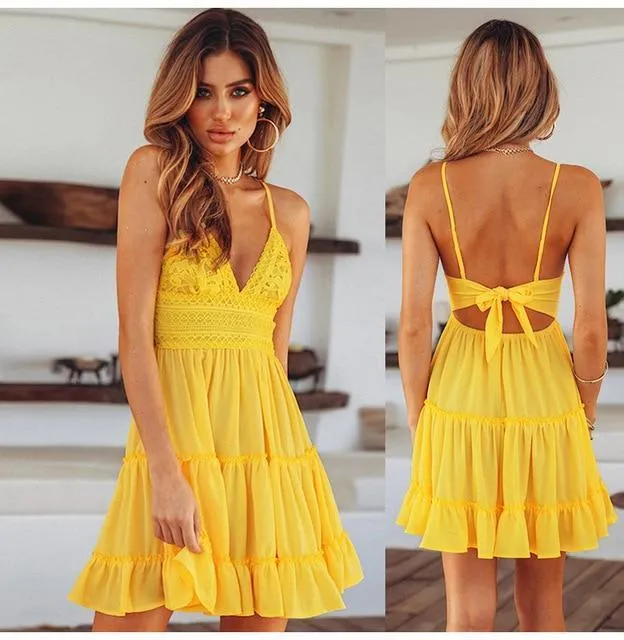 Dunnmall Women Lace Sexy Backless V-neck Beach Dresses Sleeveless Mini Sundress
