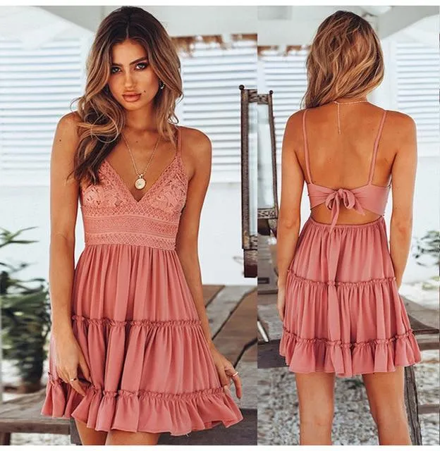 Dunnmall Women Lace Sexy Backless V-neck Beach Dresses Sleeveless Mini Sundress
