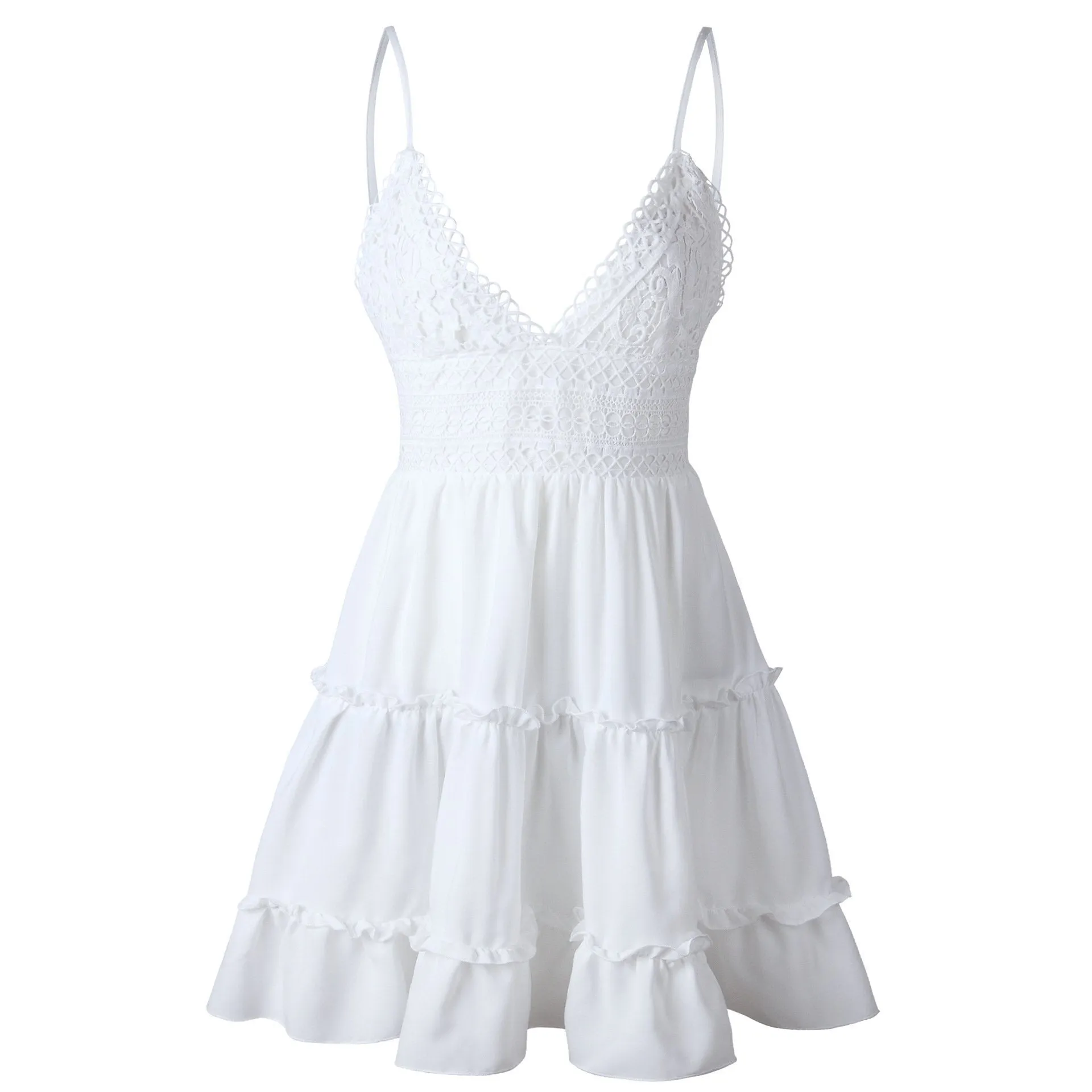 Dunnmall Women Lace Sexy Backless V-neck Beach Dresses Sleeveless Mini Sundress