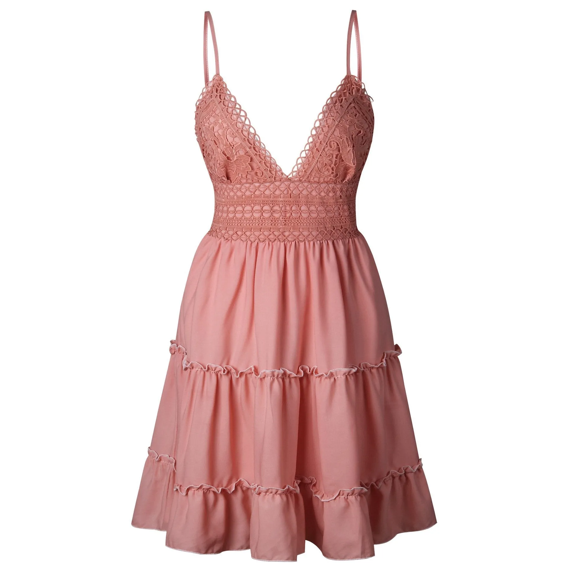 Dunnmall Women Lace Sexy Backless V-neck Beach Dresses Sleeveless Mini Sundress